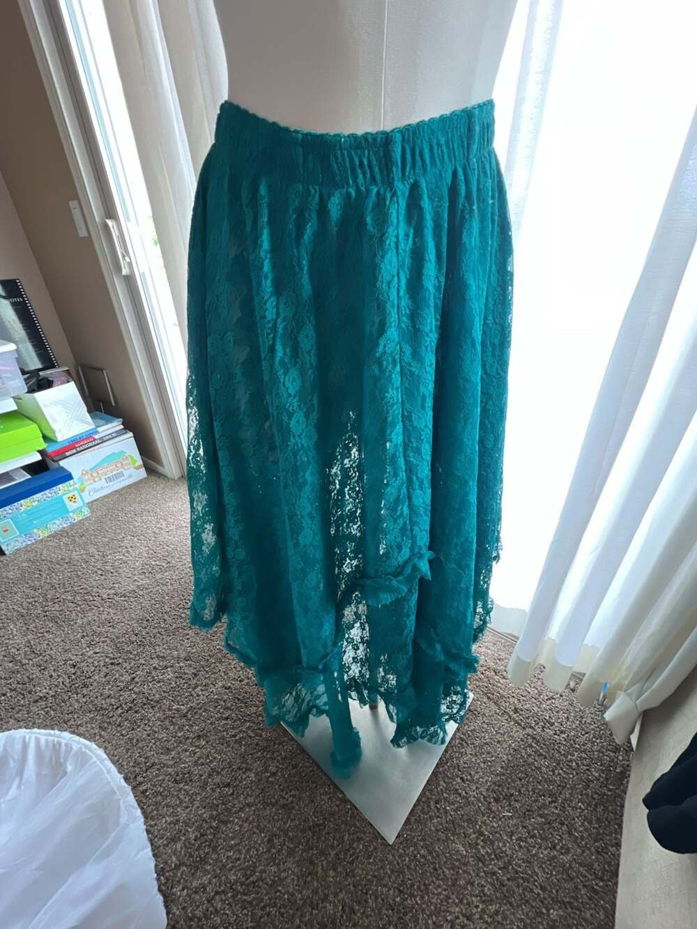 R.Vivimos Teal Floral Lace Asymmetrical Layered Hem Maxi Skirt